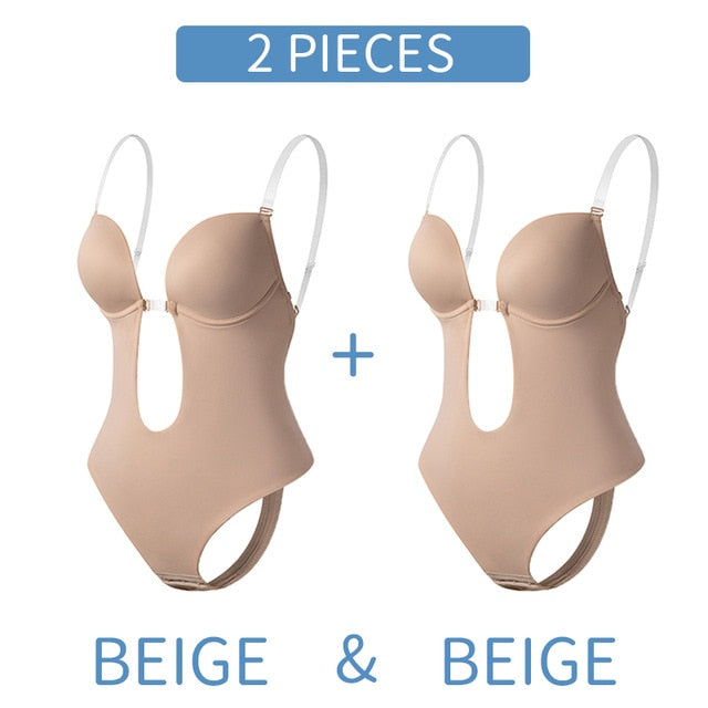 Deep V-neck backless bodysuit shapewear by The Clothing Company Sydney with clear straps, padded push-up, and waist trainer design.