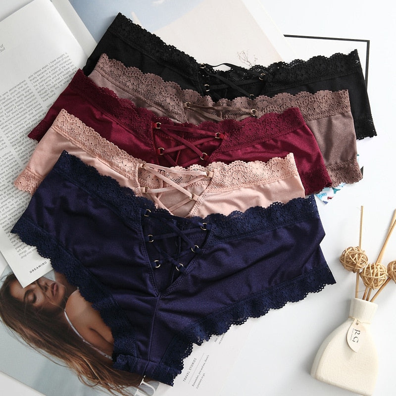 Back bandage satin lace panties for women, seamless cotton underwear with sexy lace design and soft, comfortable fit.