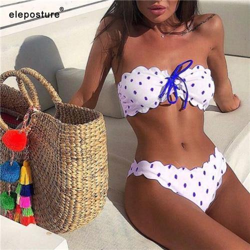 Polka dot and floral print two-piece swimsuit by The Clothing Company Sydney with push-up top and Brazilian bikini bottom.