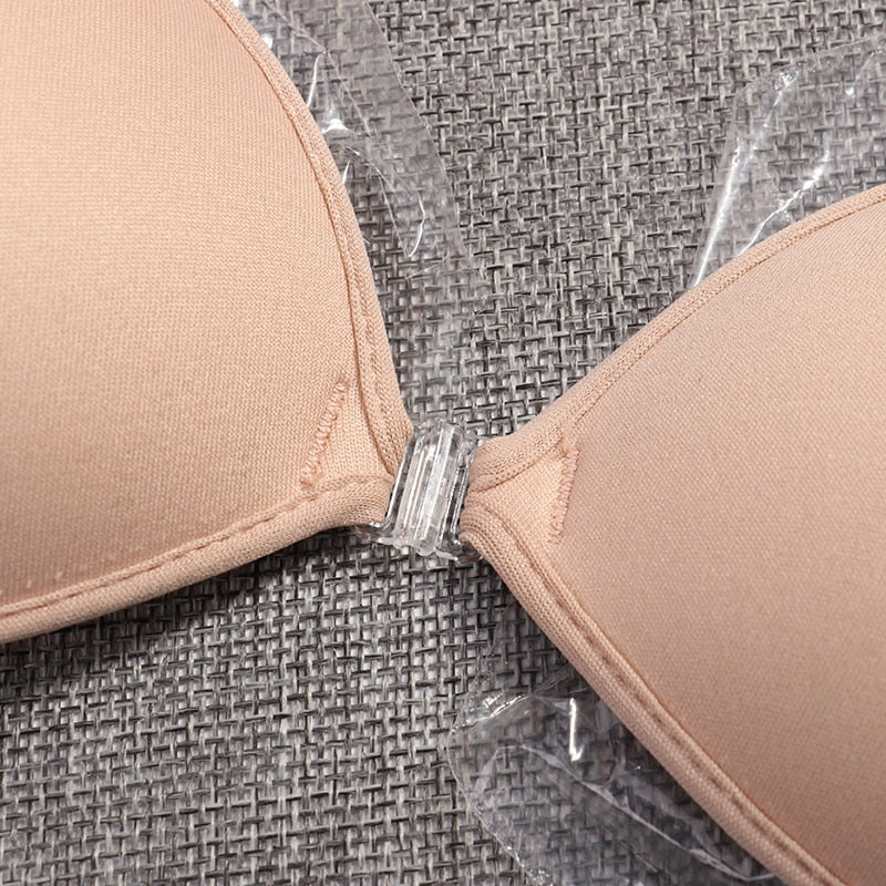 Self-adhesive silicone seamless push-up bra from The Clothing Company Sydney, backless and strapless, with front closure.