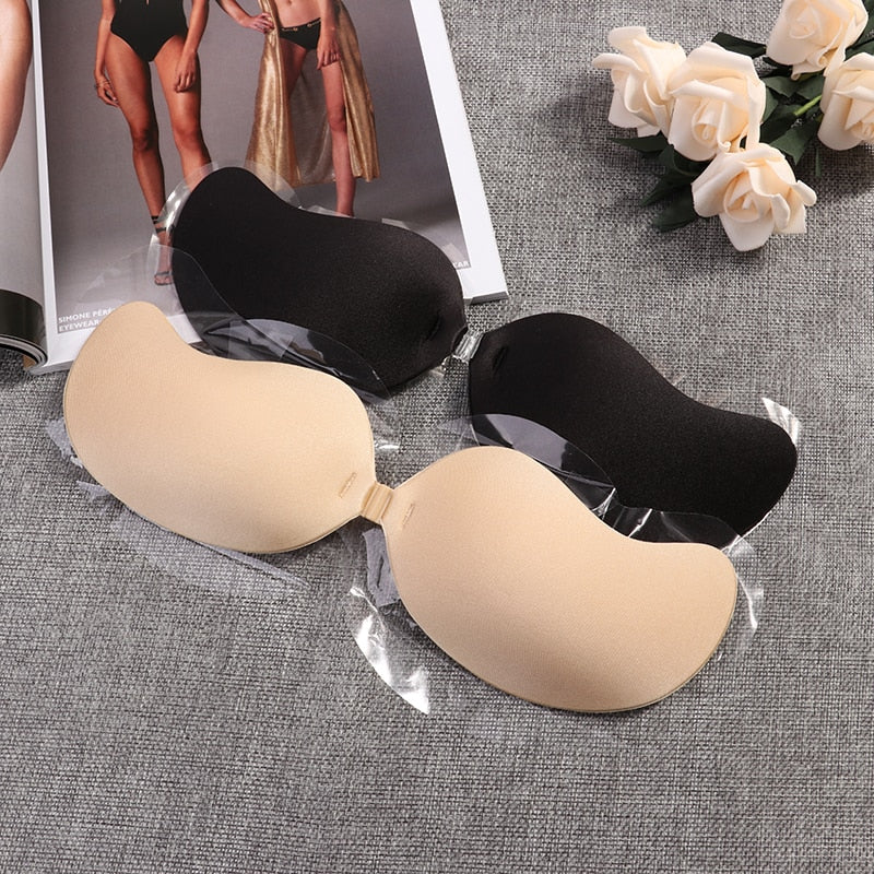 Self-adhesive silicone strapless push-up bra with front closure, seamless and backless, by The Clothing Company Sydney.
