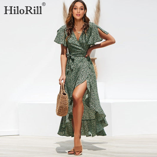 Summer Beach Maxi Floral Print Boho Long Ruffles Wrap Casual V-Neck Split Party Dress The Clothing Company Sydney