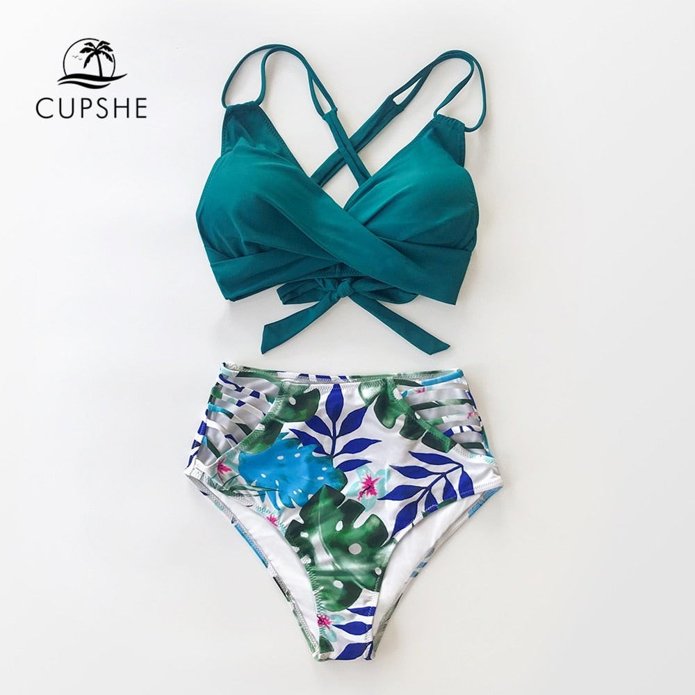 Tropical Palms twist-front high-waisted bikini with lace-up detail, two-piece swimsuit from The Clothing Company Sydney, perfect for beachwear