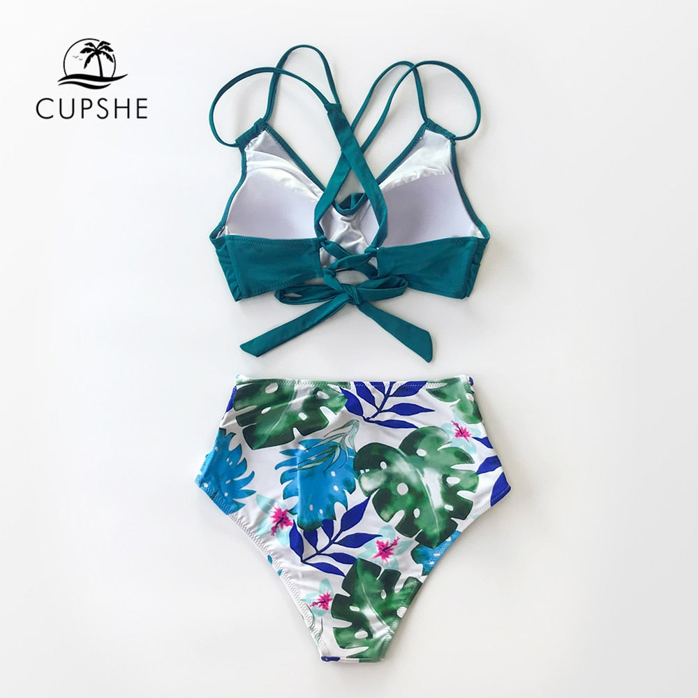 Tropical palms twist-front high-waisted bikini by The Clothing Company Sydney, featuring sexy lace-up detail and two-piece swimwear design.