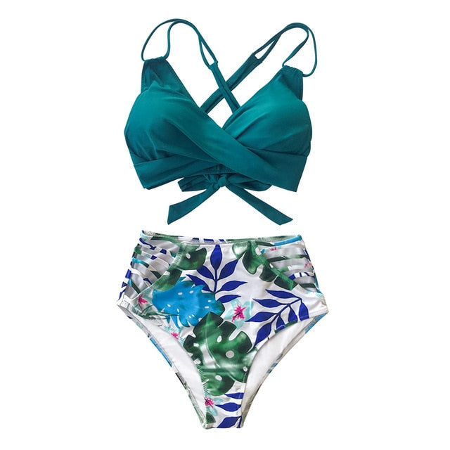 Tropical Palms twist-front high-waisted bikini with lace-up detail, two-piece swimwear from The Clothing Company Sydney on a model.