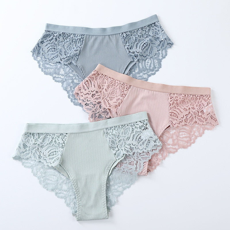 Three-pack of lace floral briefs from The Clothing Company Sydney, stylish and comfortable women's underwear in various colors.