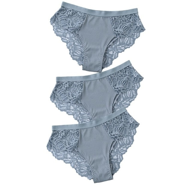 Three-pack lace floral briefs from The Clothing Company Sydney, women's underwear with comfortable, decorative lace design.