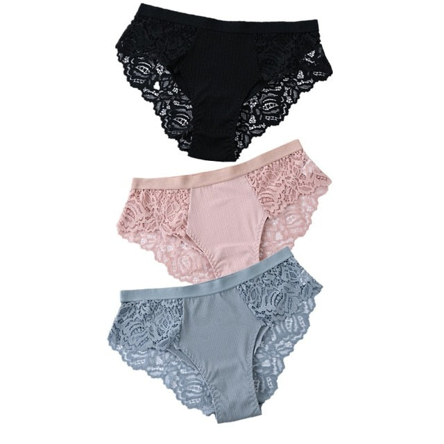 Three lace floral briefs from The Clothing Company Sydney, showcasing colorful, comfortable women's underwear with delicate lace details.