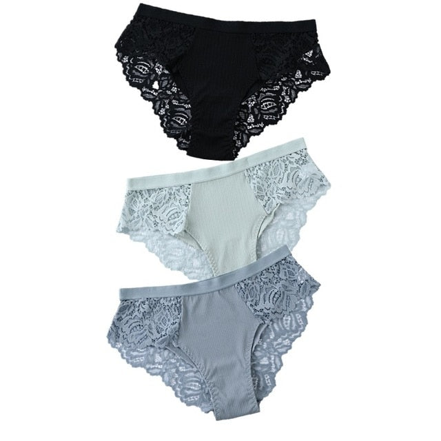 Three lace floral briefs from The Clothing Company Sydney, showcasing colorful, comfortable women's underwear with floral designs.