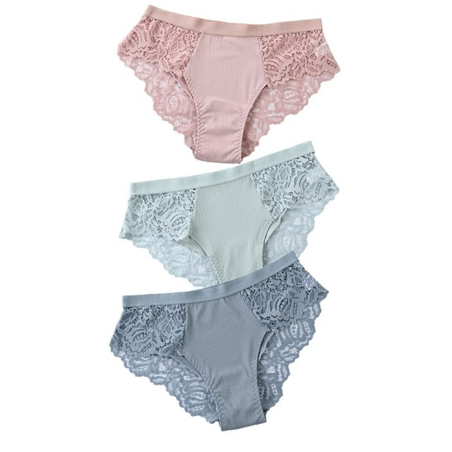 Three pairs of lace floral briefs from The Clothing Company Sydney, women's underwear with comfortable, stylish design.