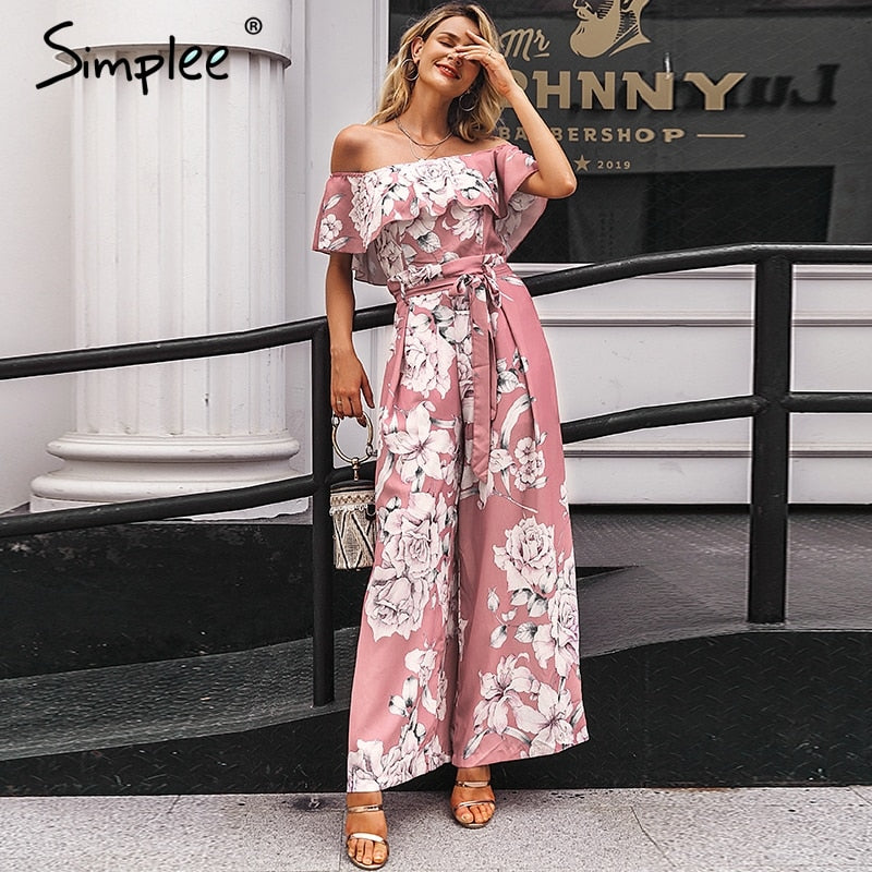 Bohemian floral print off-shoulder summer jumpsuit with ruffled details for ladies, long beach style from The Clothing Company Sydney.