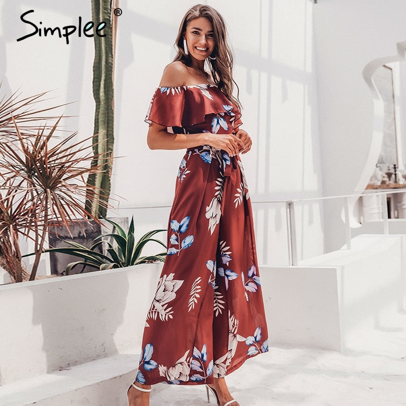 Bohemian floral print off-shoulder long summer beach jumpsuit with ruffled sashes for ladies by The Clothing Company Sydney