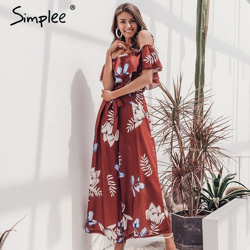 Bohemian floral print off-shoulder summer jumpsuit with ruffled details, perfect for beach and casual occasions, by The Clothing Company Sydney.