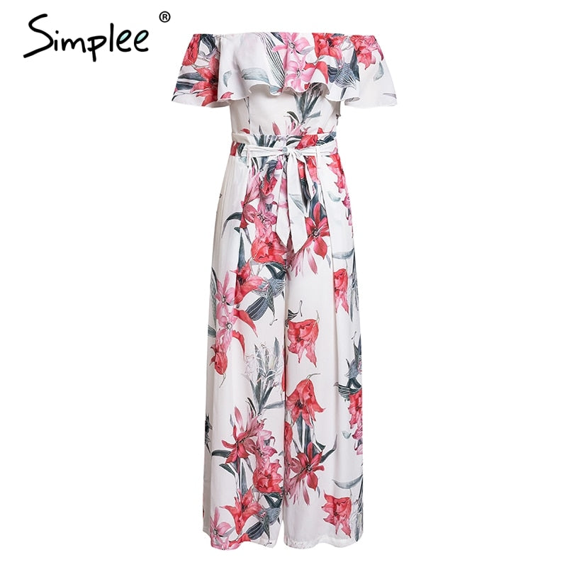 Bohemian floral print off-shoulder summer jumpsuit with ruffled details and sashes, designed for ladies' beach and casual wear.