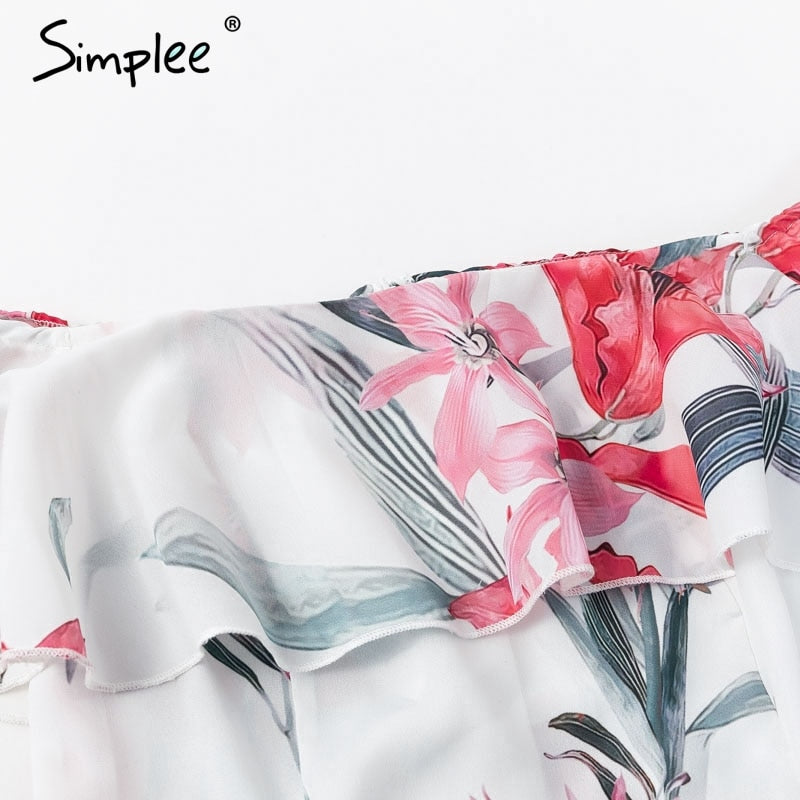 Bohemian floral print off-shoulder summer jumpsuit with ruffled sleeves and sash by The Clothing Company Sydney.