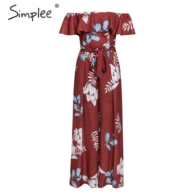 Bohemian floral print off-shoulder summer jumpsuit with ruffled details, long design, perfect for beach or casual summer wear.