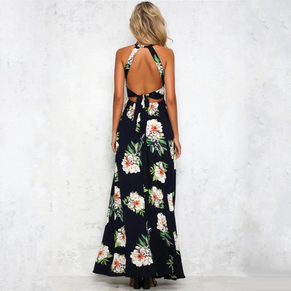 Bohemian floral print summer maxi dress by The Clothing Company Sydney, off-shoulder, backless, with side slit, perfect for beach or party wear.