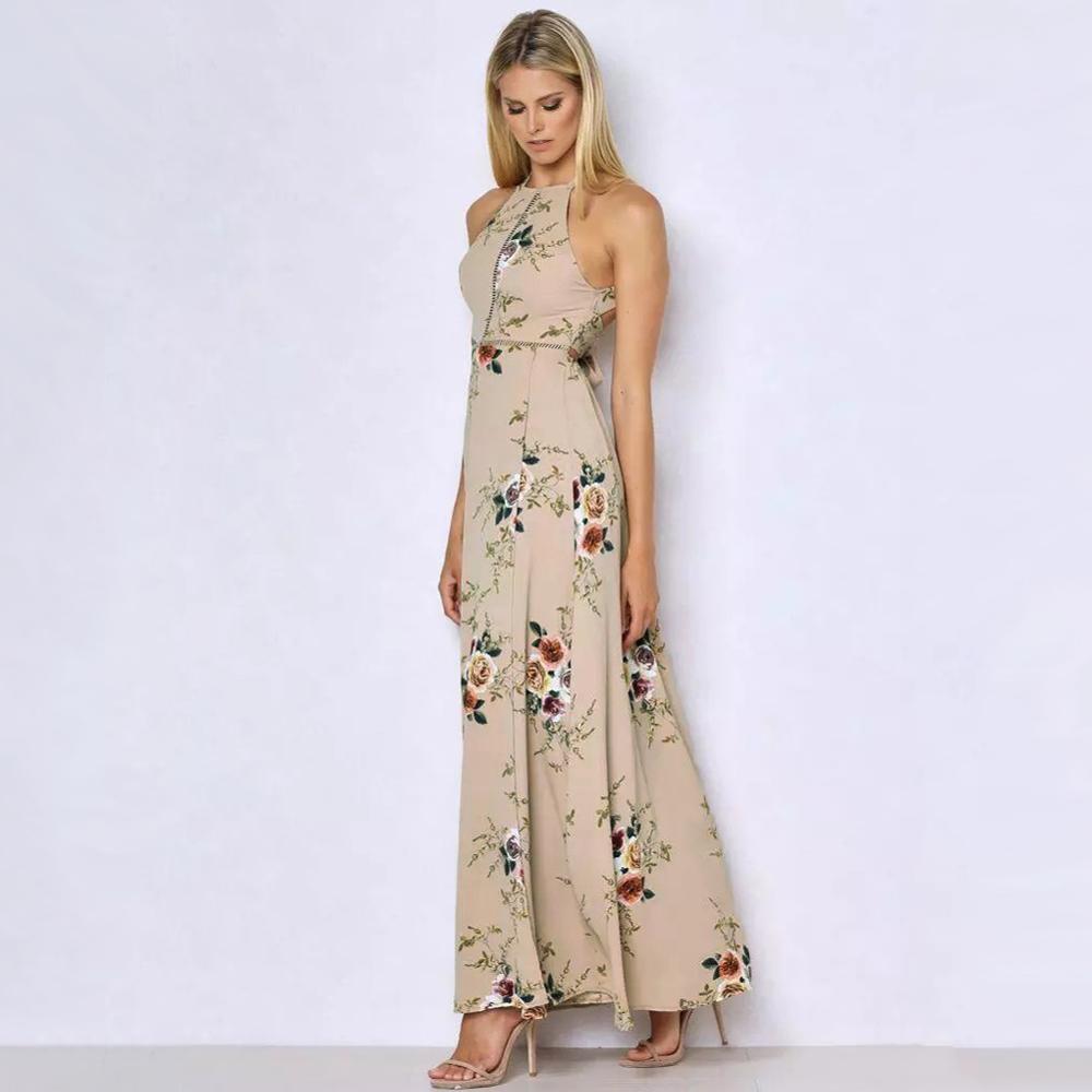 Bohemian floral print summer off-shoulder women’s beach long dress with backless design and sexy slit, by The Clothing Company Sydney.