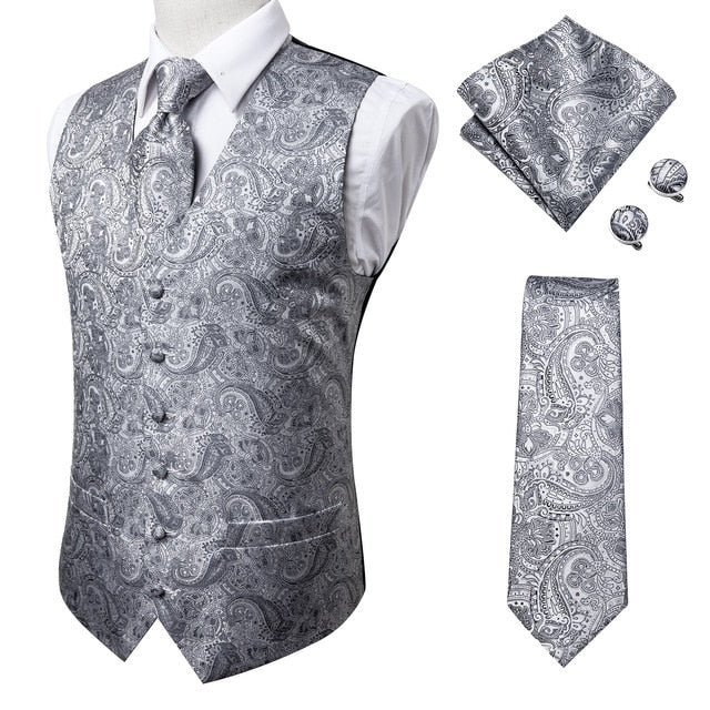 Navy paisley silk dress vest set with tie, cufflinks, pocket square, and waistcoat for men's formal accessories.
