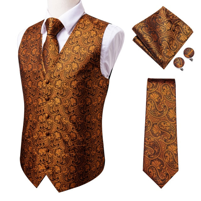 Set of 4 navy paisley silk dress vests with jacquard pattern, includes tie, cufflinks, and pocket square for men's accessories.
