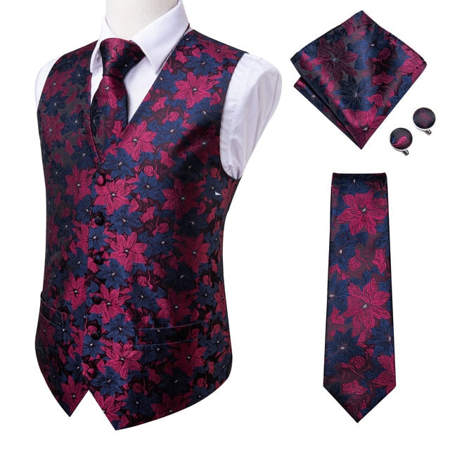 Navy paisley silk dress vest set with tie, cufflinks, pocket square, and waistcoat for men's formal accessories.