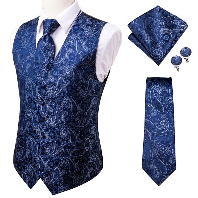 Navy paisley silk dress vest set with matching tie, cufflinks, pocket square, and waistcoat for men's formal accessories.