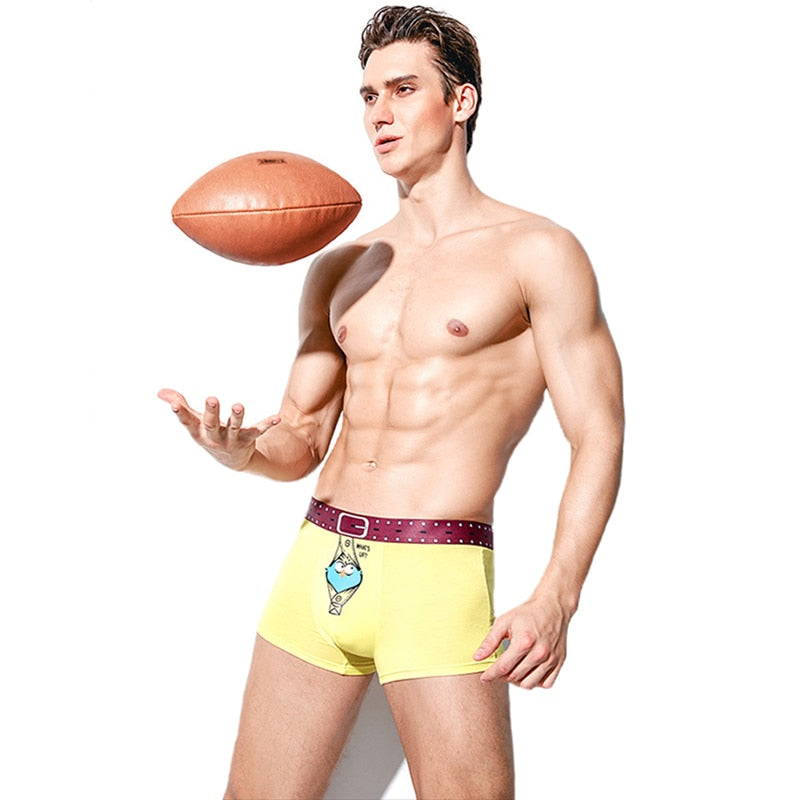 Four pairs of breathable men's boxer briefs from The Clothing Company Sydney with printed designs and U convex pouch.