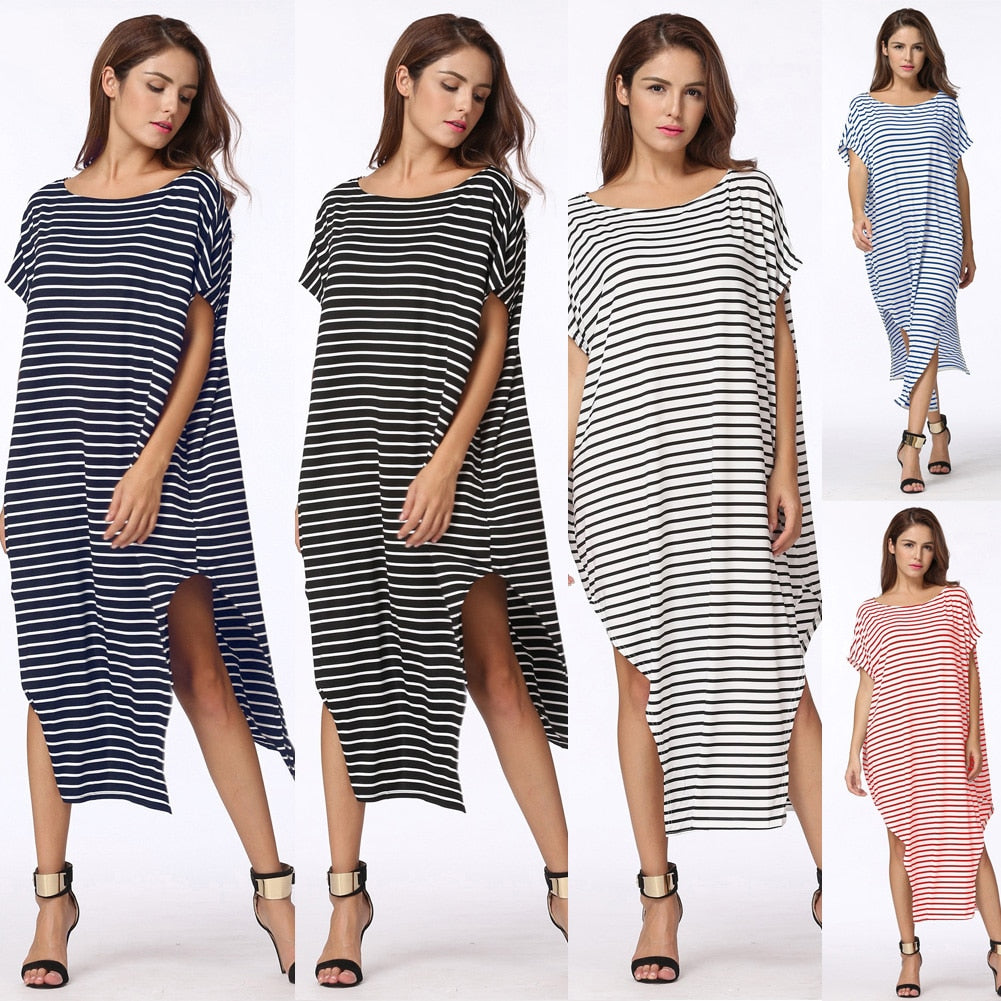 Loose striped batwing sleeve dress with one shoulder, split design, oversized fit, in plus size 5XL from The Clothing Company Sydney.