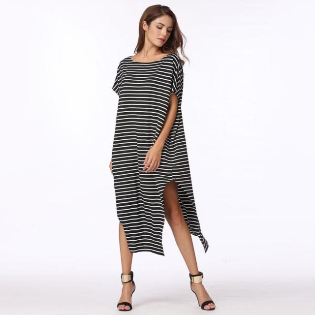 Loose oversized striped dress with batwing sleeves, one shoulder split, and asymmetric design in plus size, from The Clothing Company Sydney.