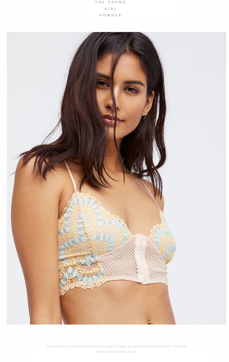 French retro lace front buckle bra set by The Clothing Company Sydney, featuring wire-free bralette and ultra-thin lingerie design.