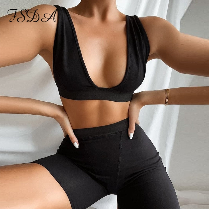 Khaki 2-piece fitness set with v-neck crop top and biker shorts, sleeveless and backless from The Clothing Company Sydney.