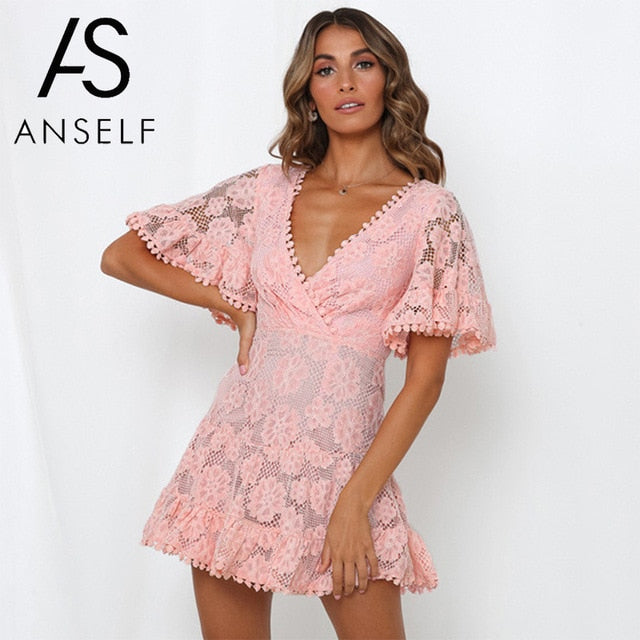 White lace hollow-out one-shoulder dress with flare sleeves, elegant short clubwear dress by The Clothing Company Sydney