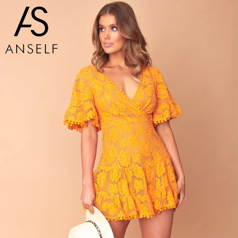White lace hollow out one-shoulder dress with flare sleeves, elegant short clubwear dress by The Clothing Company Sydney