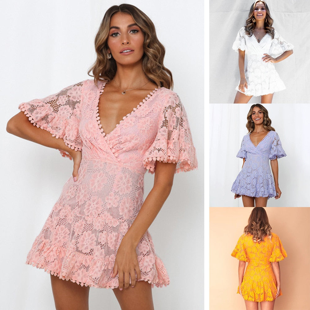 White lace hollow-out one-shoulder dress with flare sleeves, elegant clubwear from The Clothing Company Sydney.