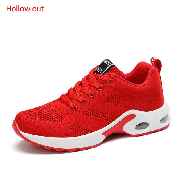 Lightweight breathable mesh outdoor sports shoes with air cushion comfort, lace-up design, ideal for running and active wear.