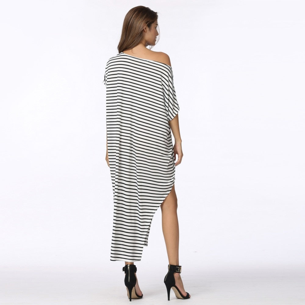 Loose, oversized striped batwing sleeve dress with one shoulder and split detail in plus size, by The Clothing Company Sydney.