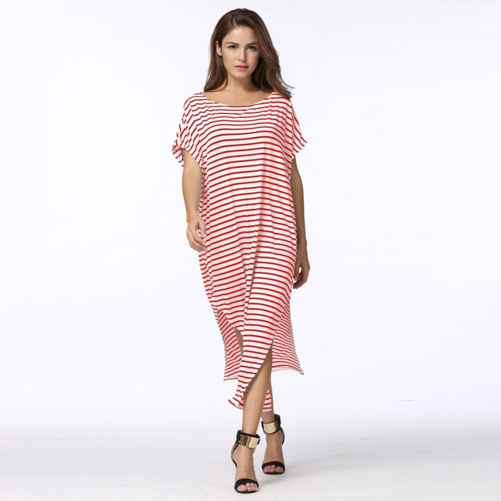 Loose long striped batwing sleeve dress with one shoulder, split, asymmetric design, oversized fit, plus size 5XL from The Clothing Company Sydney