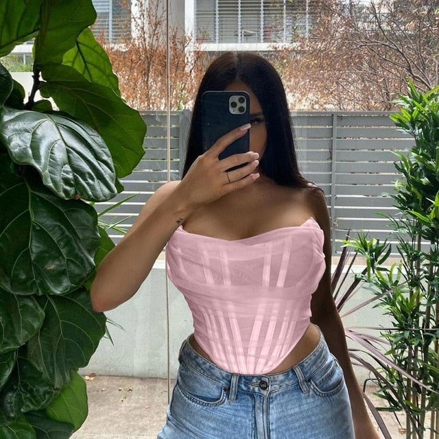 Sleeveless strapless bustier corset crop top with mesh back and zipper, perfect for summer, by The Clothing Company Sydney.