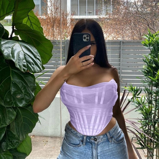 Sleeveless strapless bustier corset crop top with mesh back and zipper from The Clothing Company Sydney, perfect for summer wear.