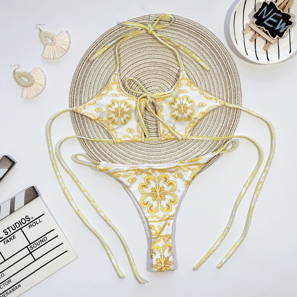 Two-piece high waist hollow out bandeau swimsuit with lace-up front and backless design, by The Clothing Company Sydney.
