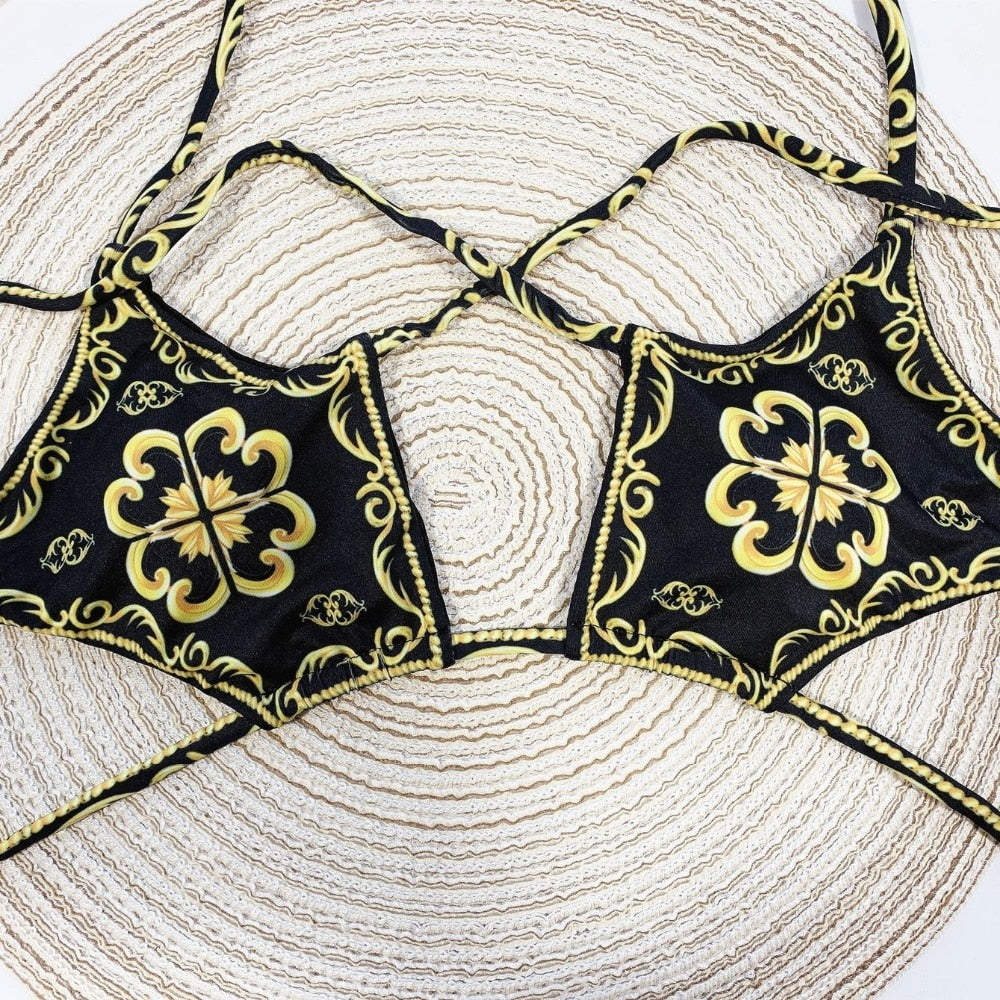 High waist hollow out bandeau swimsuit by The Clothing Company Sydney featuring lace-up detailing and a backless micro bikini design.