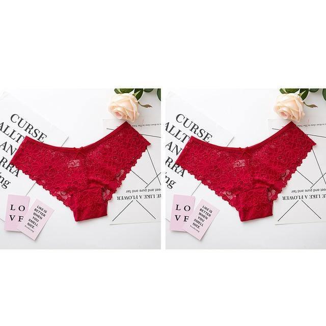 Two pack of The Clothing Company Sydney lace panties, cotton lingerie briefs with low waist and cute design, shown flat.