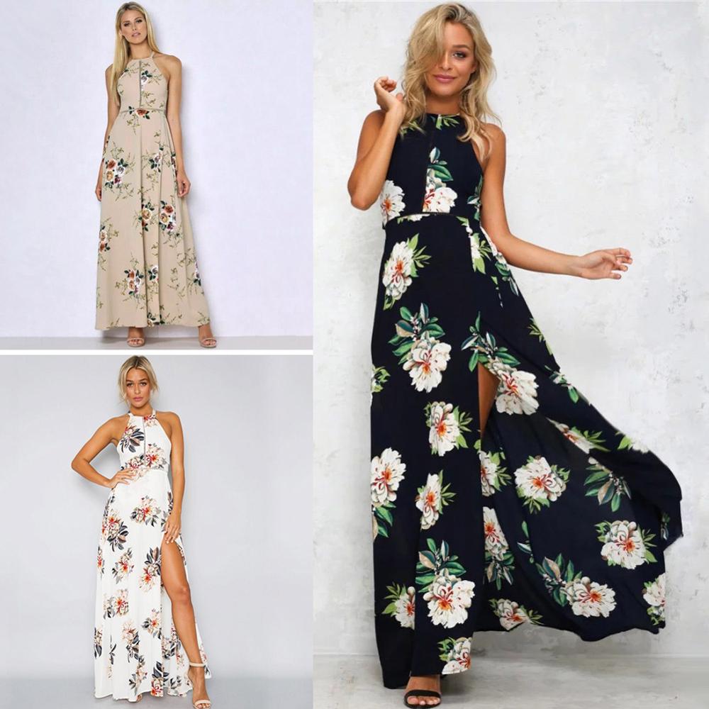 Bohemian floral print summer maxi dress for women featuring off-shoulder design, backless style, and sexy split detail.