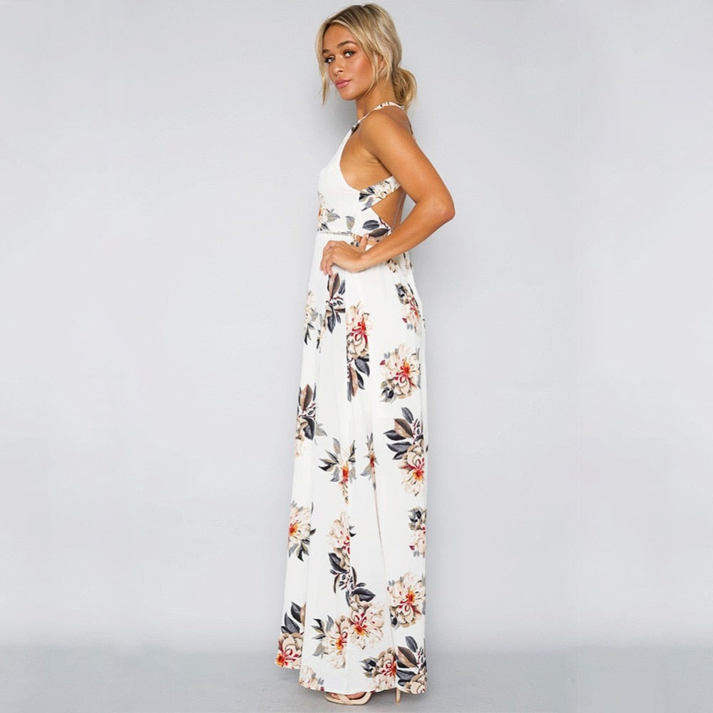 Bohemian floral print summer maxi dress by The Clothing Company Sydney, off-shoulder, backless, with a sexy side slit for women.