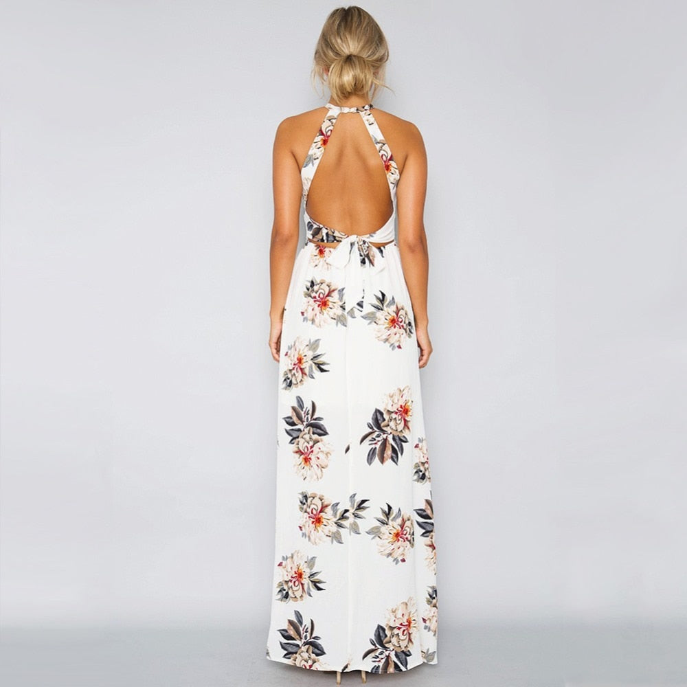 Bohemian floral print summer maxi dress for women, off-shoulder, beach style with backless design and side slit from The Clothing Company Sydney