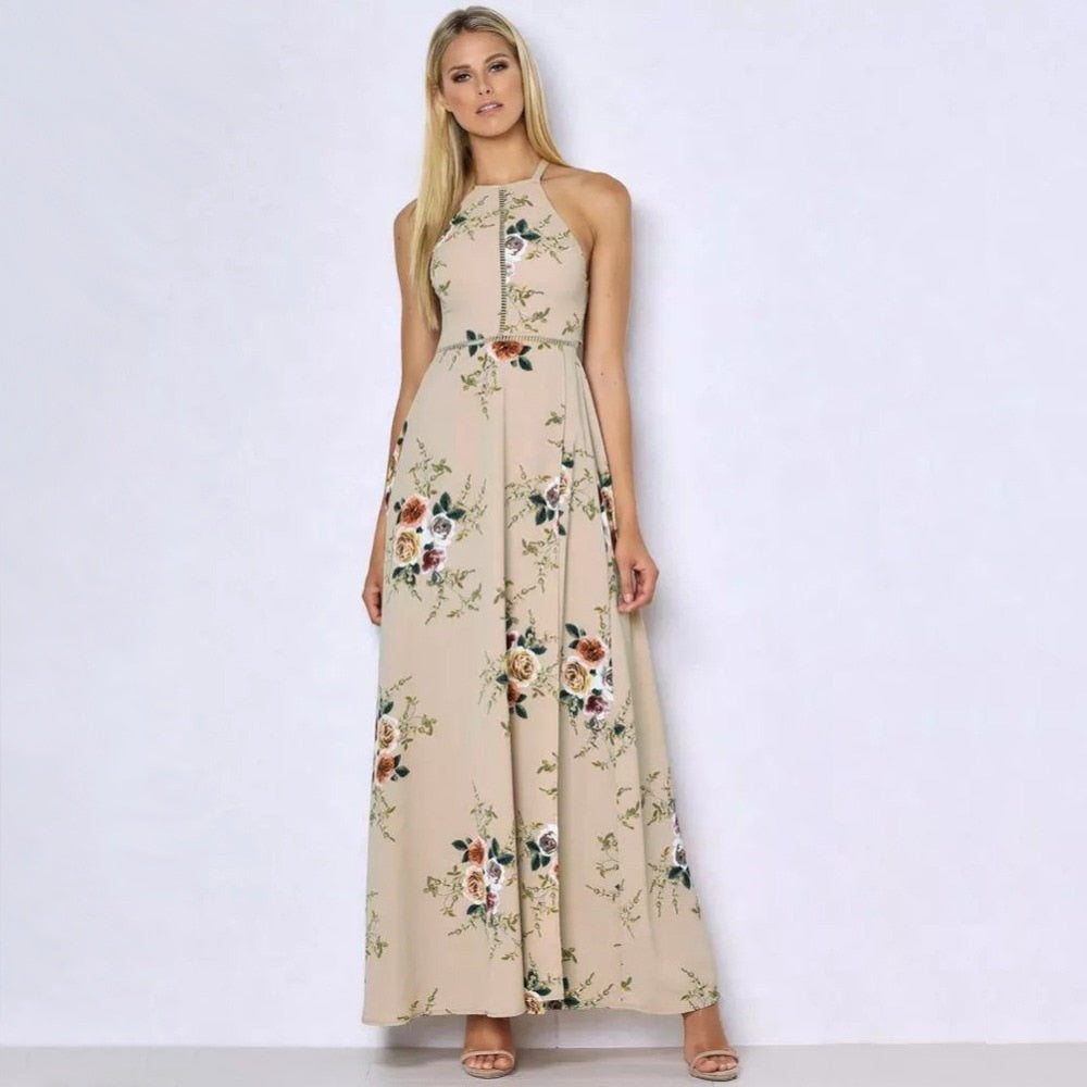Bohemian floral print summer maxi dress by The Clothing Company Sydney featuring off-shoulder neckline, backless design, and side slit.