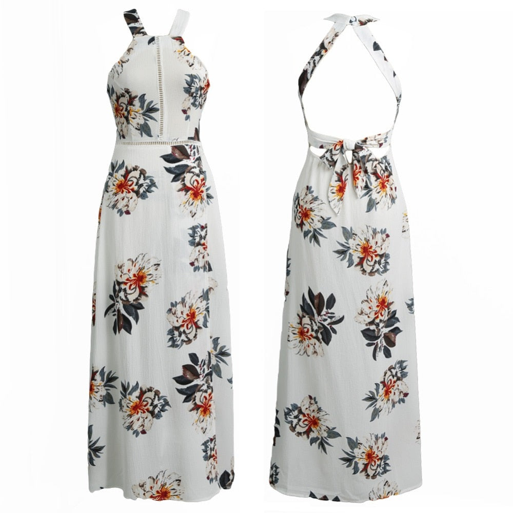 Bohemian floral print summer maxi dress from The Clothing Company Sydney, off-shoulder, backless, with a sexy split, ideal for beach and party wear.