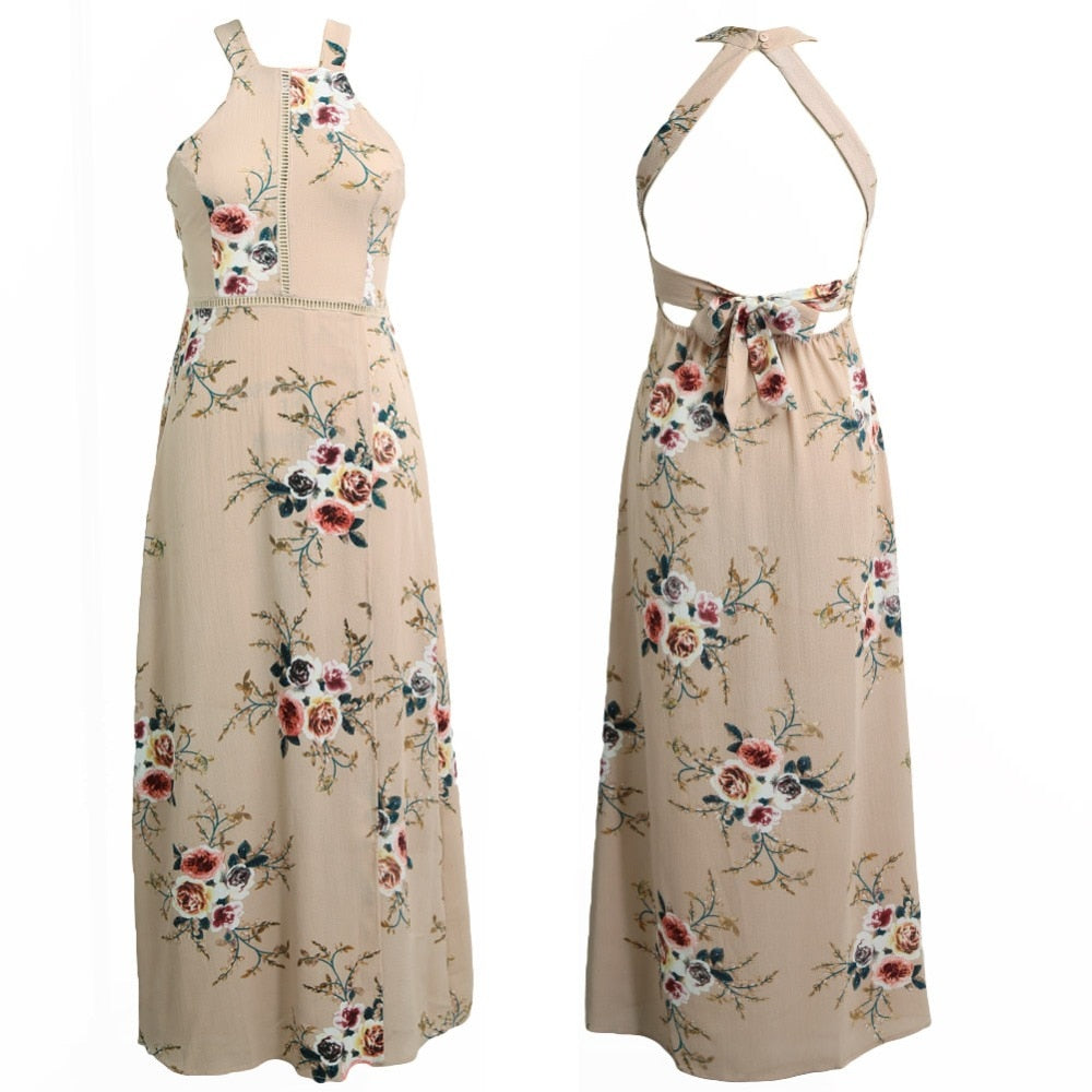 Bohemian floral print summer maxi dress by The Clothing Company Sydney featuring off-shoulder design, backless style, and side slit.