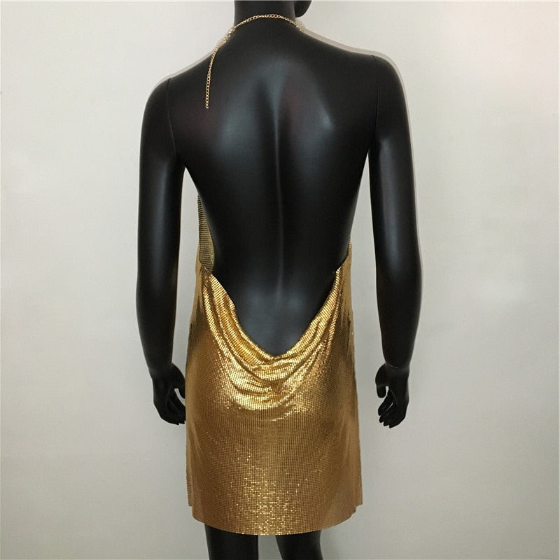 Blackless halter mini dress with deep V neckline, silver sequins, and slit, perfect for stage shows and parties by The Clothing Company Sydney