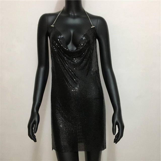 Deep V Neck Blackless Halter Silver Metal Sequined Slit Stage Show Party Mini Dresses The Clothing Company Sydney